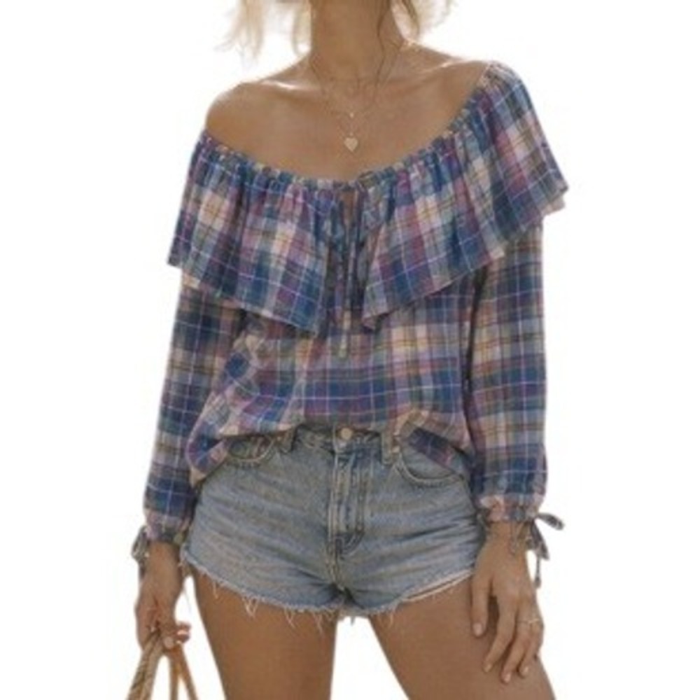 Vintage 1990s Plaid Ruffle Blouse Purple Check USA Medium Cottage Peasant Retro - Picture 1 of 5